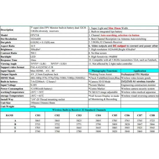 Feelworld 7inch FPV Monitor built-in battery dual 32CH 5.8GHz diversity receivers FPV718