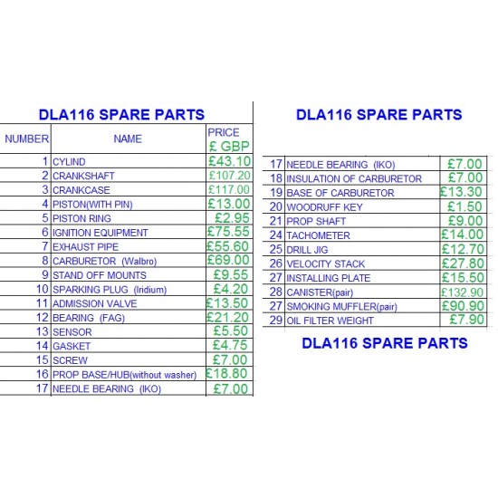 DLA 116CC parts list and prices