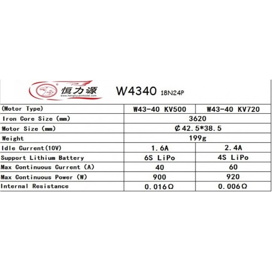 Hengli W4340 Brushless Outrunner Motor for Multicopter with KV720 and KV500 (Priced for 3 motors)