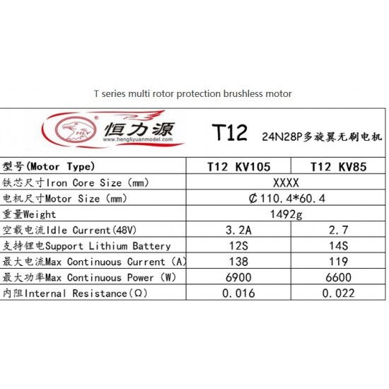 Hengli T12 Motor for Agricultural and Commercial UAV with KV105 or KV85